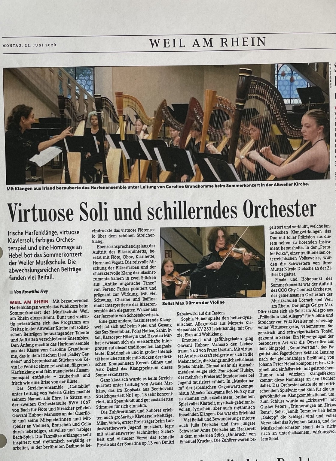 Zeitungsartikel „Virtuose Soli und schillerndes Orchester“ über das Sommerkonzert der Musikschule Weil am Rhein