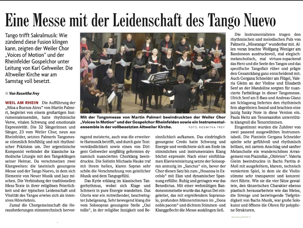 Zeitungsartikel „Eine Messe mit der Leidenschaft des Tango Nuevo“ über die Tangomesse in der Altweiler Kirche