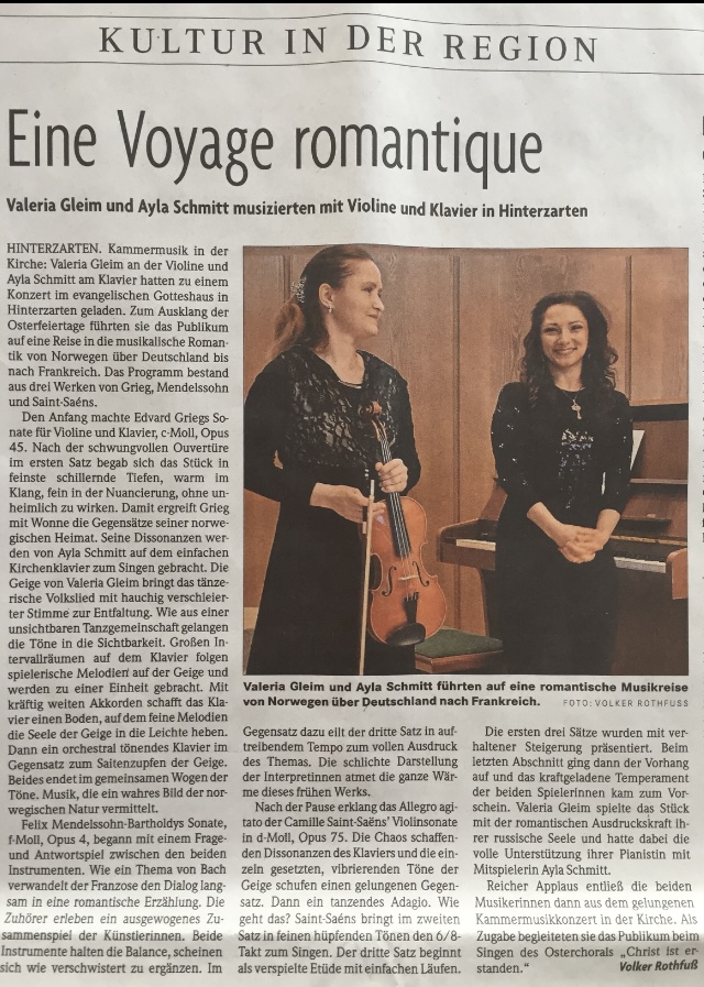 Zeitungsartikel „Eine Voyage romantique“ über Valeria Gleim und Ayla Schmitt